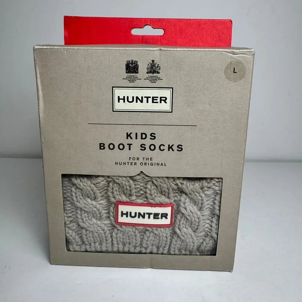 Hunter Kids Original Fleece Boot Socks Greige Cable Knit L UK 13-2 US 1-3 NIB